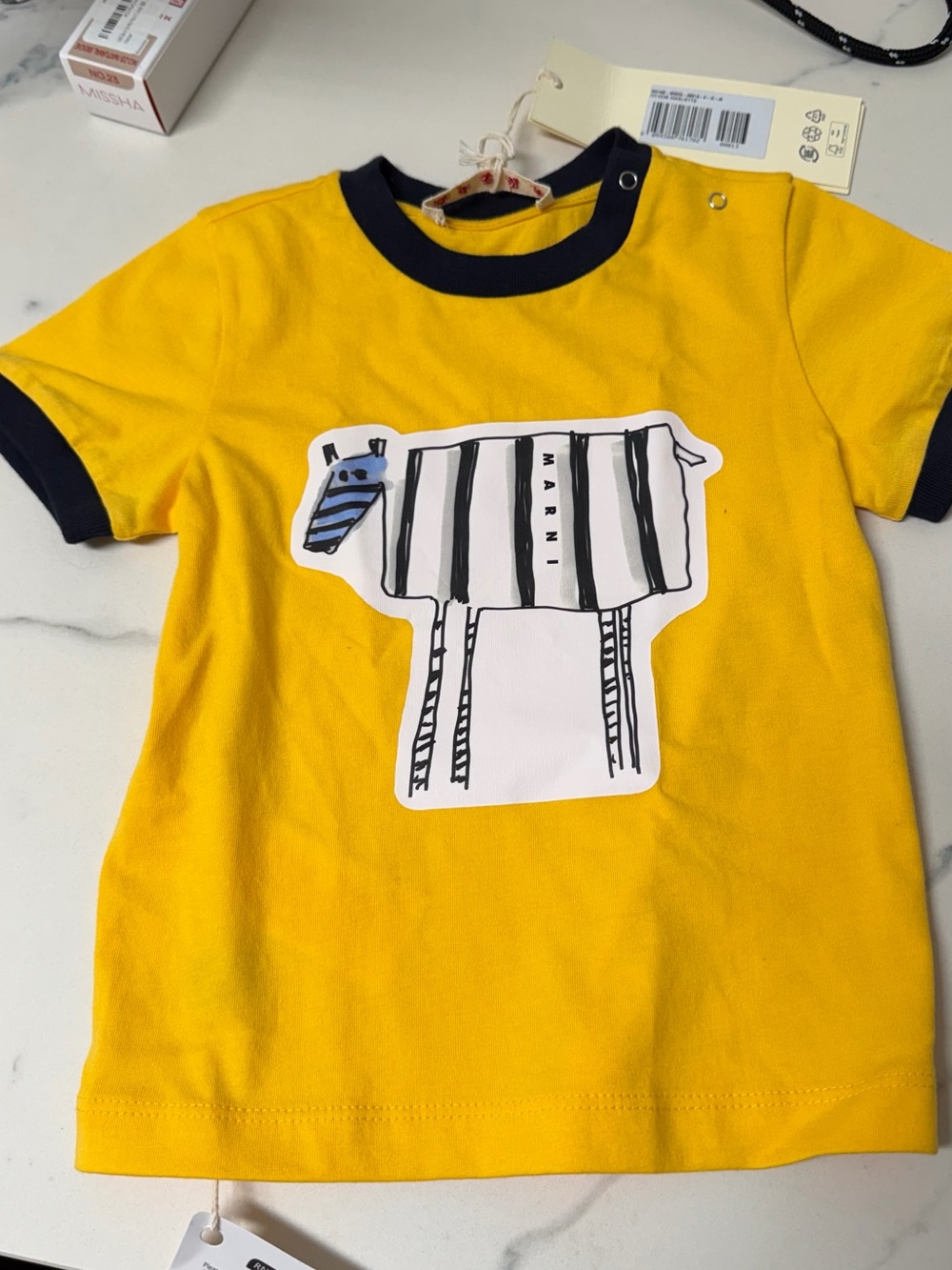 Marni Yellow Short-Sleeve Tee with Navy Trim and Striped Animal Patch